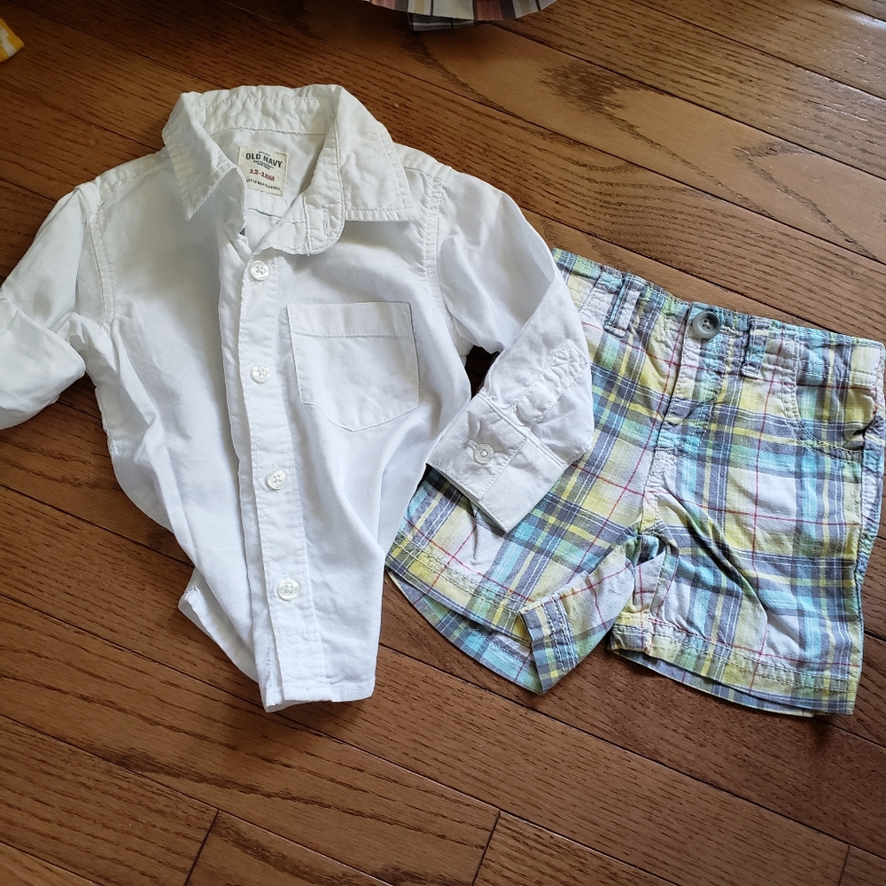 12-18 Months old navy Ls White Button Down & Yellow Plaid Flat Front Shorts